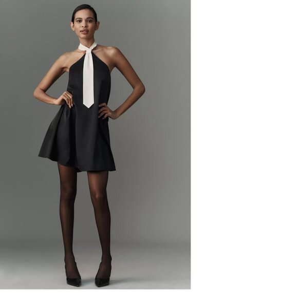 Anthropologie Flat White Tie Halter Mini Dress SIZE M  black color new nwt - Picture 3 of 8